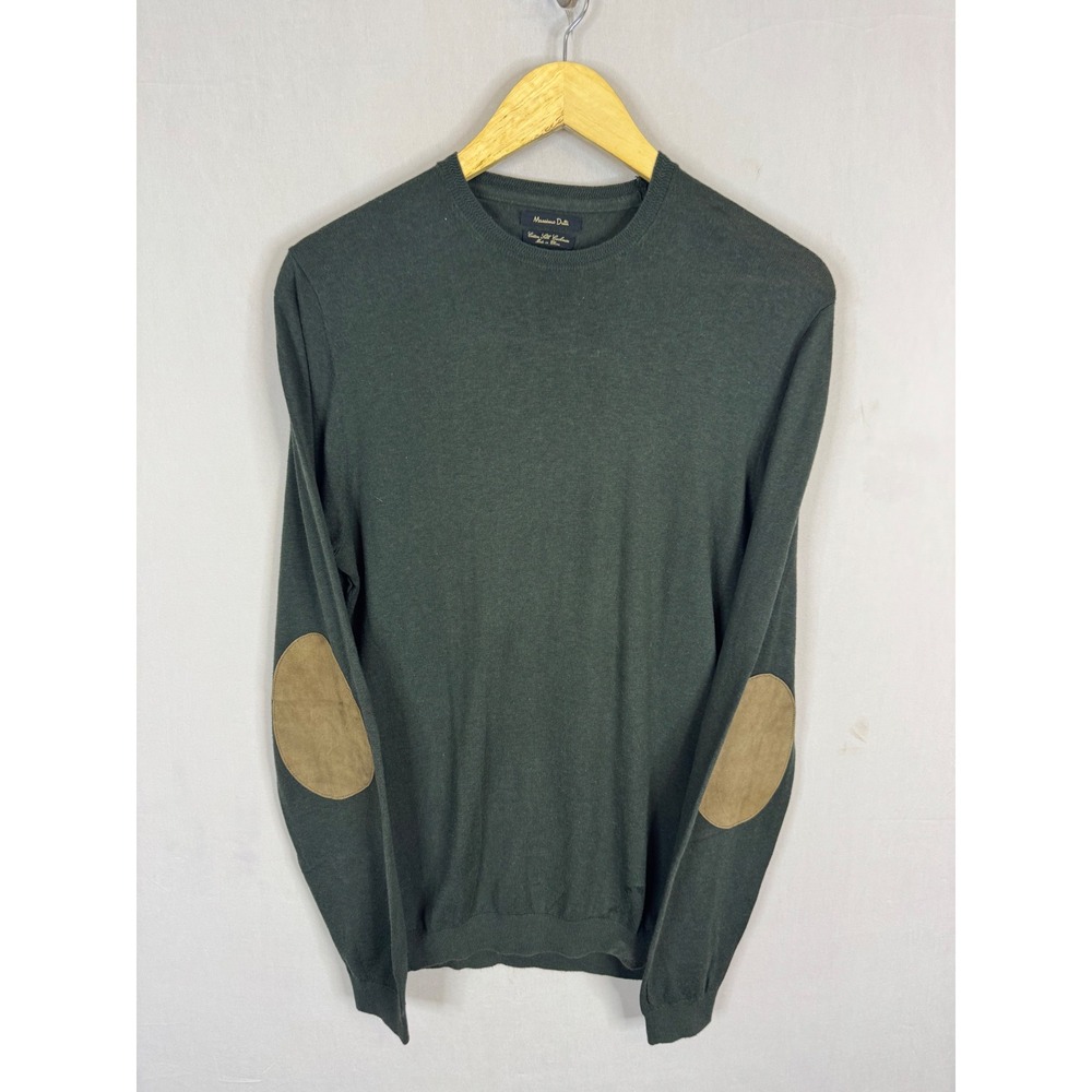 Massimo Dutti Mens Green Cotton Silk Cashmere Elbow Patch Crewneck Sweater M